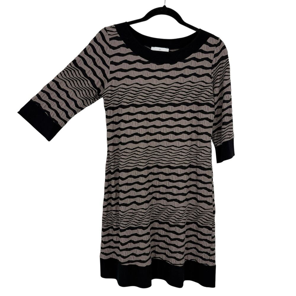 Papillon Blanc Textured Seamed Shift Dress size Large Gray Stripe Lagenlook